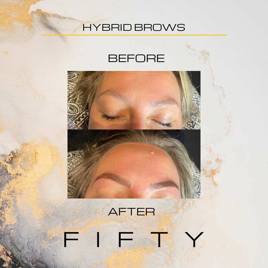 Voor en na: wenkbrauwen boven, en na de hybrid brows behandeling onder, met het FIFTY logo